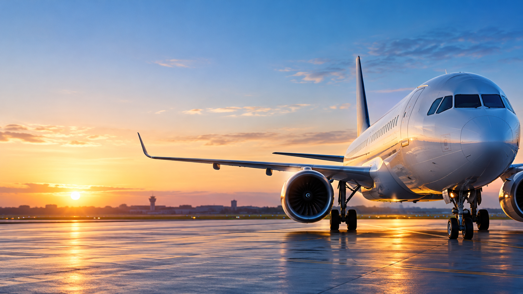 Aircraft on airport apron at sunrise