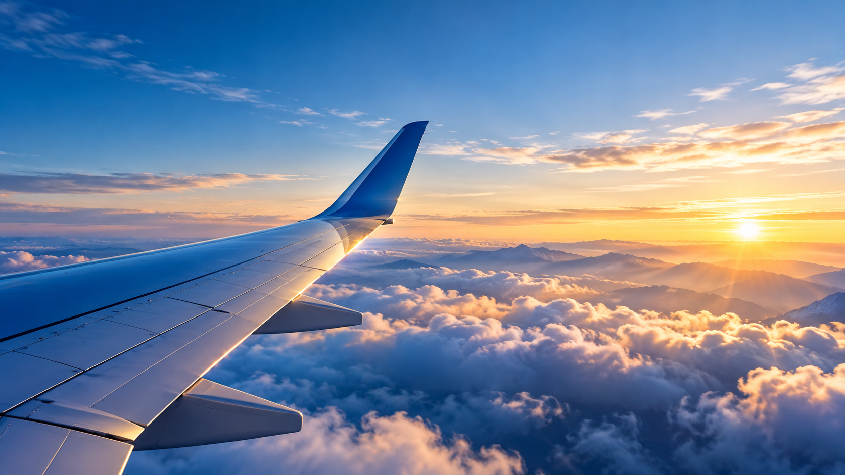 Aircraft wing above the clouds at sunrise